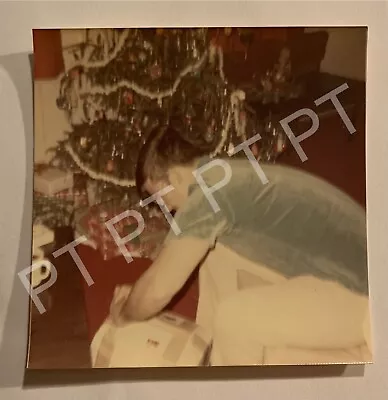 Vtg Photo Man Opening Christmas Gifts By The Tree 1970s Original Snapshot 1973 • $9.99