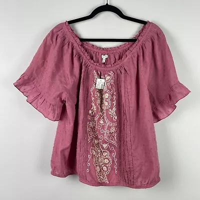 Maurices Embroidered Floral Bubble Hem Blouse Size XL Pink Short Sleeve • $16.95