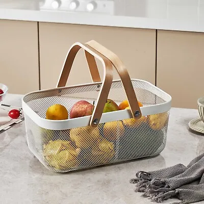 E&W Mesh Wire Metal Storage Basket With Wooden Handle For Kitchen Bathroom • £16.40