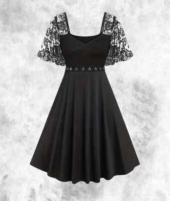 New Black Gothic Short Lace Ruffled Sleeve Eyelet Belted Dress Size 3XL 22 24 26 • $30.82