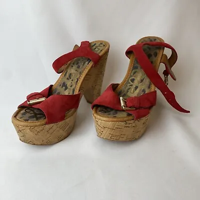 Sam Edelman Summer Ladies Cork Heels Platform Sandals Red UK Size 6 B35 • £19.99