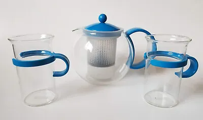 Bodum Assam Glass Tea Press Infuser Teapot Set 2 Mugs Blue Handles • $28.99