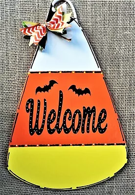 CANDY CORN Welcome SIGN Halloween Seasonal Wall Art Door Hanger Plaque Fall  • $13