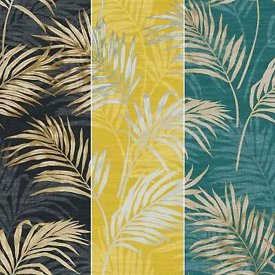 GranDeco Lounge Large Palm Leaves Metallic Wallpaper - Black Teal Yellow • £2.99