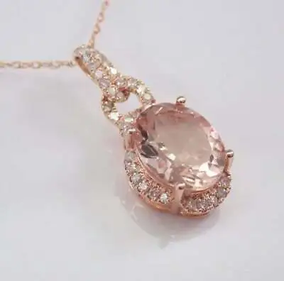 3.Ct Oval Cut Lab Created Morganite Halo Pendant Necklace 14K Rose Gold Plated • $59.99
