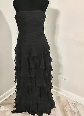 KAY UNGER Vintage Long Black Silk Strapless Tier Ruffle Dress Women's Size 10 • $90