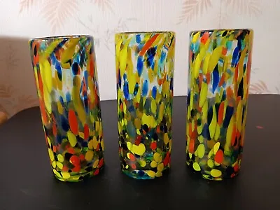Set Of 3 Colorful Murano Speckled Glass Hand Blown Art Glasses • $39.99