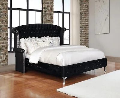 Black Velvet Sparkling Button Tufted King Platform Bed Bedroom Furniture • $1199