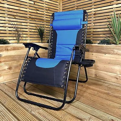 Luxury Padded Multi Position Zero Gravity Garden Relaxer Lounger In Blue & Black • £45.25