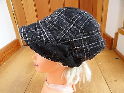 Monsoon Accessorize Black Grey Check Wool X Bow Detail Baker Boy Peaked Hat Cap • £12.99