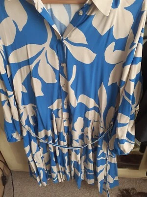 £9.99 • Buy Pretty Blue And Beige Pleated Buttoned And Tied Dress From Peacocks Size 16