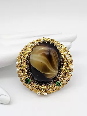 German Vintage Brown Porphyry Glass Cabochon Pearl Rhinestone Jewelry Brooch/pin • $129.99