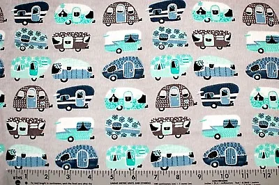 Bty*face Masks*tiny Campers/trailers On Lt Grey 100% Cotton Flannel Fabric 42x36 • $9.99