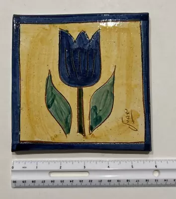 Vintage Art Pottery TERRACOTTA Tile Tulip Flower Hand Painted SIGNED JUAN 6  • $4.95