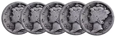 (5 PC. LOT) 1916 Mercury Silver Dimes ABOUT GOOD (WHOLESALE LOT!) • $20