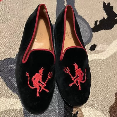$575 - Stubbs & Wootton Mens Black Velvet Red Devil Slipper Slip On Shoes 8.5 • $199
