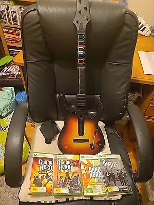 Microsoft Xbox 360 - Wireless Guitar Hero Guitar + Strap & 4 Games (FAULTY) • $79.99