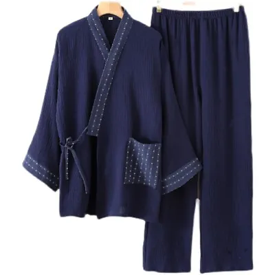 Men Cotton Pajamas Set Japanese Yukata Kimono Robe Pants Sleepwear Blue Autumn • £49.58