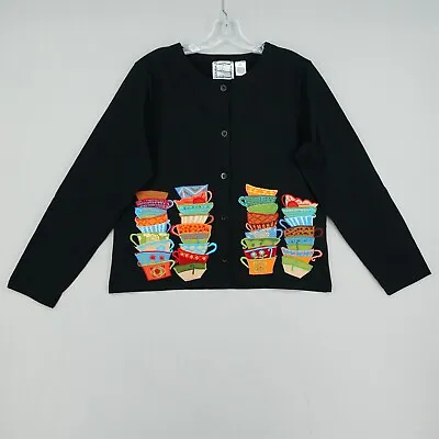 Vintage Michael Simon Lite Stacked Tea Cups Sweater Womens Small Black Cardigan • $59.99