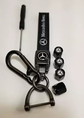 Mercedes Keychain  Leather / Metal W Chrome Valve Caps Ships Fast Ship USA • $14.88