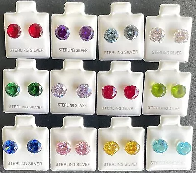 Round .925 Sterling Silver 8mm CZ Cubic Zirconia Stud Earrings Birthstone Color • $10.99