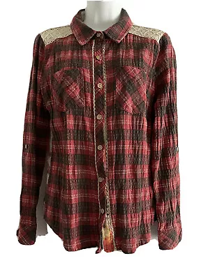 Miss Me Shirt Womens Small Plaid Front Floral Back Button-up Tab Sleeve MDT1114L • $10.88
