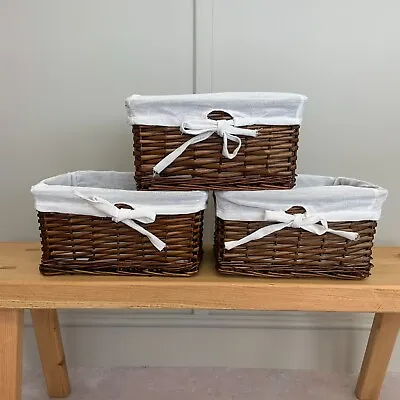 £14.99 • Buy Set Of 3 Distilled Brown Natural Wicker Shelf Basket Lined Hampers Storage Trays