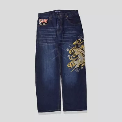 Vintage Japanese Baggy Embroidered Koi Denim Jeans • £80