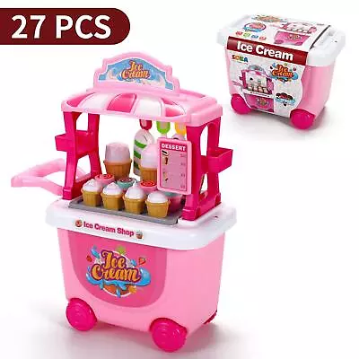 SOKA® 27 Pcs Ice Cream Trolley Shop Cart Toy For Children Pretend Play Food • £6.99