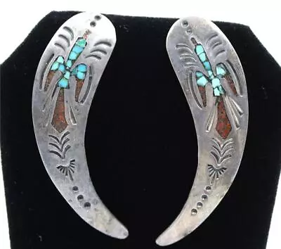 Vintage Navajo Sterling Silver Turquoise Coral 1.75  Long Peyote Bird Earrings • $42