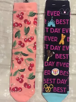 Disney Parks 2 PAIR LOT Best DAY EVER Mickey Pretzel CHERRY Icon Knee SOCKS NWT  • $9.99