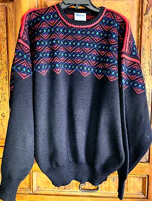 Vintage Meister Black W/ Red Blue & Green Men's Ski Sweater Wool Blend XL • $31.99