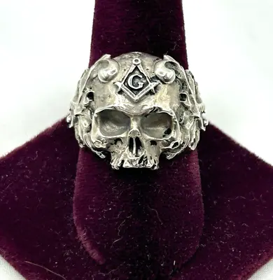 STERLING SILVER MASONIC Handmade SKULL RING Heavy Size 10.5 • $199.99