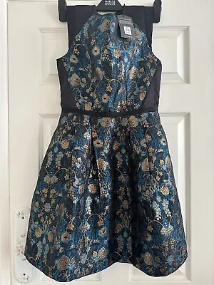 £25 • Buy Oasis Jacquard Blue And Gold Dress Size 10 BNWT