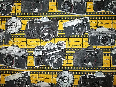 Camera Vintage Movie Star Hollywood Cameras Yellow Cotton Fabric Fq • $4.49