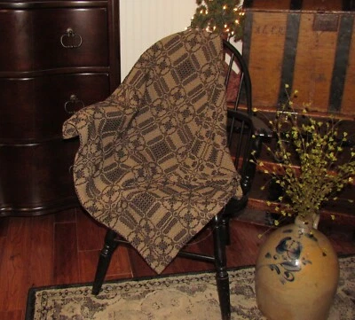 $24.95 • Buy Primitive Antique Vtg Style Black Tan Cotton Woven 32  COVERLET Square RQ30BSS