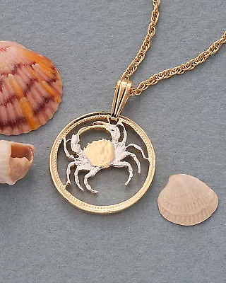  Crab Pendant & Necklace Malta Five Cents Coin Hand Cut 3/4  Diameter ( # 840 ) • $70.40