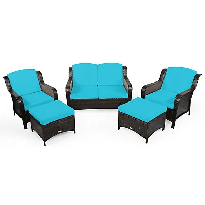 Patiojoy 5PCS Patio Rattan Furniture Set Loveseat Sofa Ottoman • $539.99