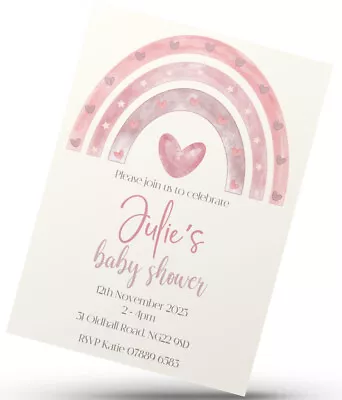 10 X Personalised Baby Shower Invitations Pink & Cream Rainbow Design • £5.96