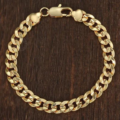 Women Mens Chain 9mm Yellow Gold Filled Hammered Curb Cuban Link Bracelet 8 /9  • $9.99