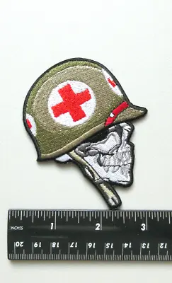 Skull With Red Medic Cross On Helmet Army Military Embroidered Iron On Patch • $4.99