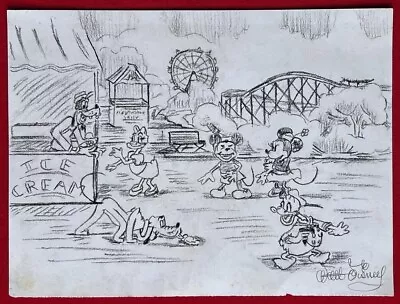 Walt Disney (Handmade) Drawing On Old Paper Signed & Stamped Vtg Art • £91.98