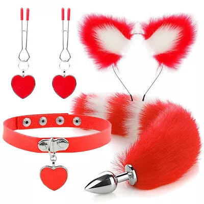 4Pcs Set Fox Butt Tail Collar Soft Cat Ears Headbands Cosplay Female Cute Heart • $32.25