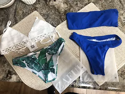 Zaful 4 Pieces Blue Bandeau& White Bikini Top  & 2 High Leg Bottoms Size Small/4 • $16.99