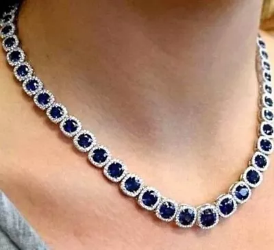20.00 Ct Round Cut Lab Created Blue Sapphire Necklace 14K White Gold Plated • $545.99