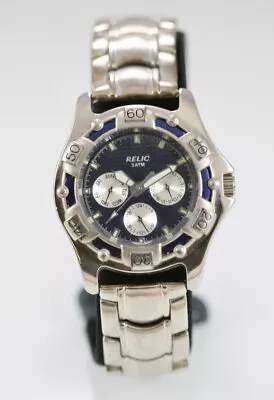 Relic Wet Men Watch Stainless Steel Silver 50m 24hr Day Date Blue Quartz • $34.95