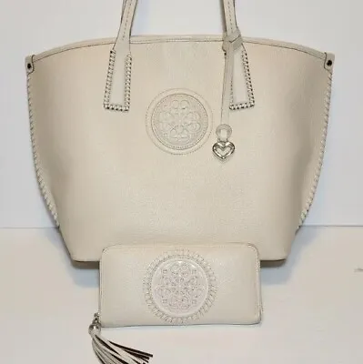 Brighton Ferrara Coll Viviana White Large Leather Medallion Wallet Tote Set $710 • £452.21