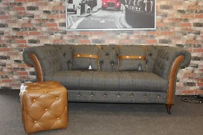 Harris Tweed & Aniline Leather Bretby Chesterfield Style 2 Seater Sofa  • £1999