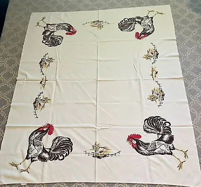 Vintage 50’s California Handprints Ecru Rooster Farm Cotton Tablecloth 60” X 51” • $84.99