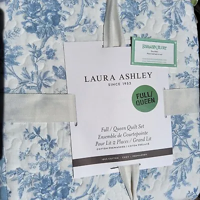 LAURA ASHLEY 3pc Full/Queen QUILT Floral Toile Butterflies Blue White Cottage • £128.36